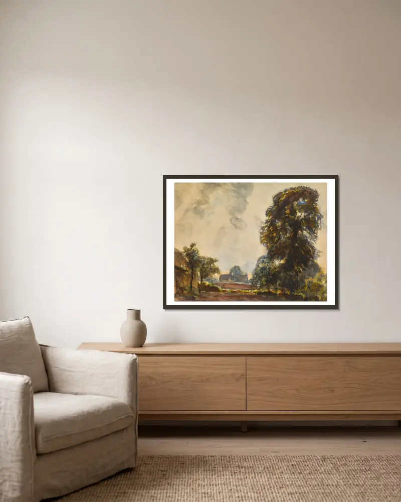 Krajina se stromy (Bouře, údolí Vale of Clwyd), Sir George Clausen v rámu na stěně