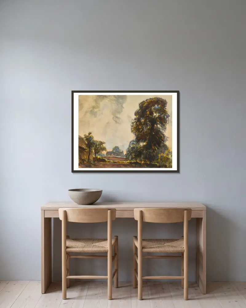 Krajina se stromy (Bouře, údolí Vale of Clwyd), Sir George Clausen v rámu na stěně