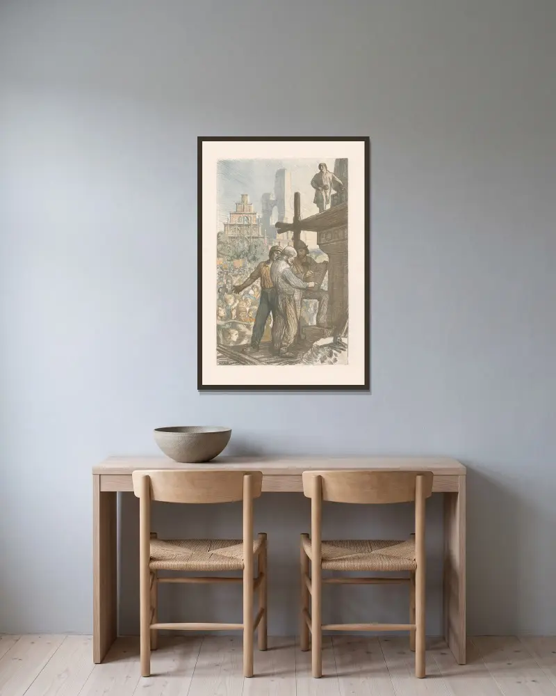 Reconstruction of Belgium av Sir George Clausen inramad på en vägg