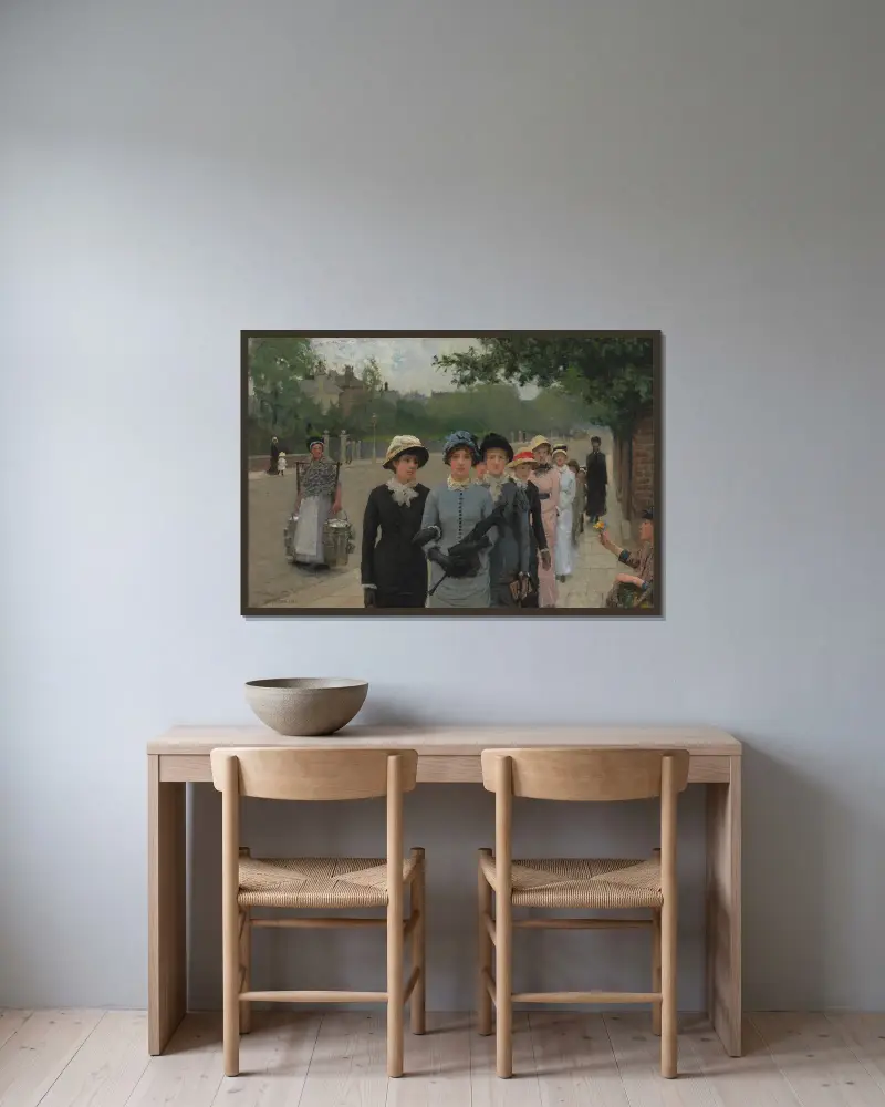 Schulmädchen von Sir George Clausen gerahmt an einer Wand