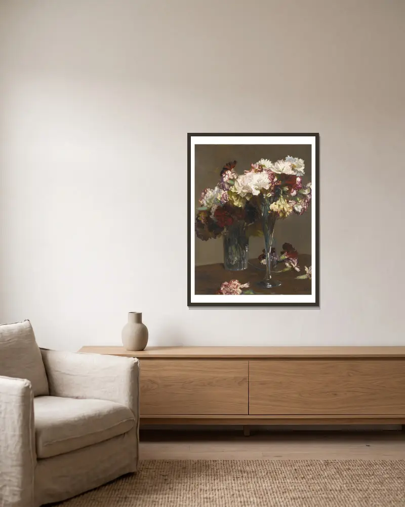 Still Life of Carnations av Sir George Clausen inramad på en vägg