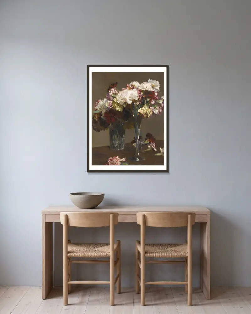Still Life of Carnations av Sir George Clausen inramad på en vägg