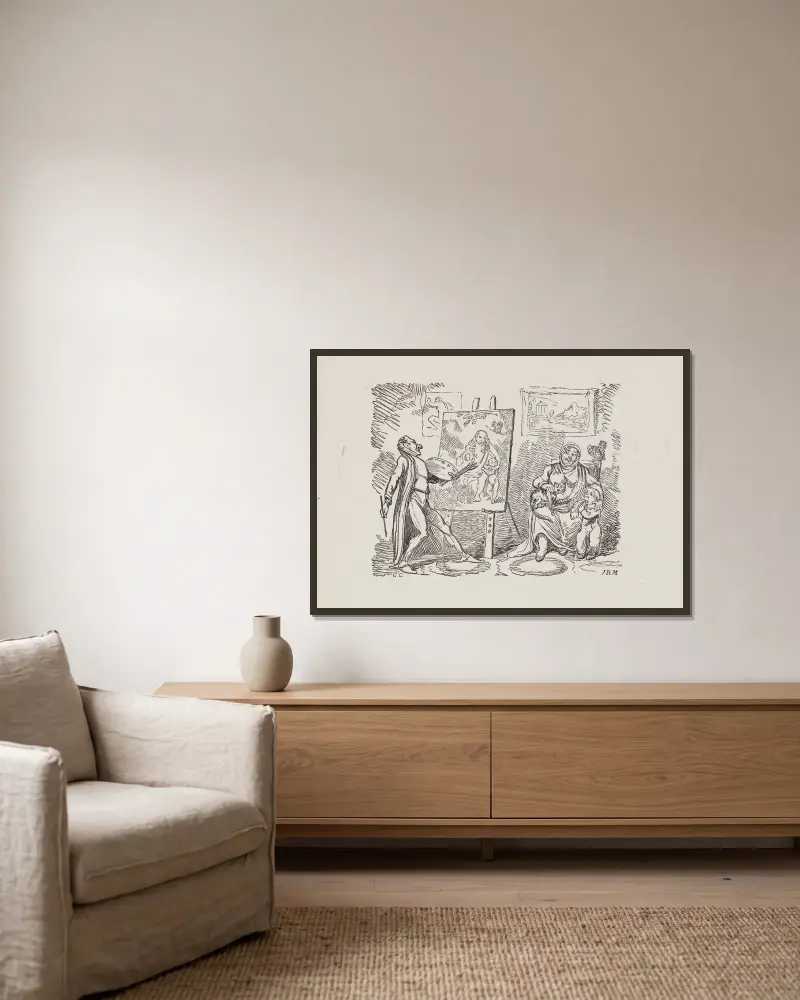 Illustrationer till The Universal Songster, plansch 6 av George Cruikshank inramad på en vägg