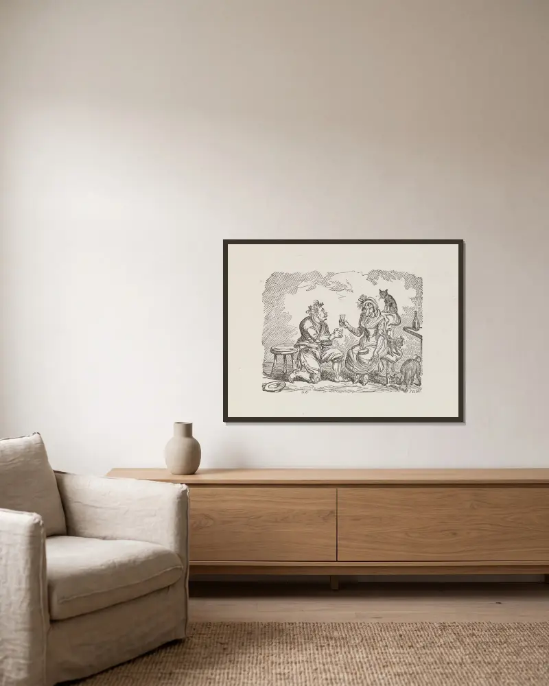 Illustrations for The Universal songster Pl.12 av George Cruikshank inramad på en vägg