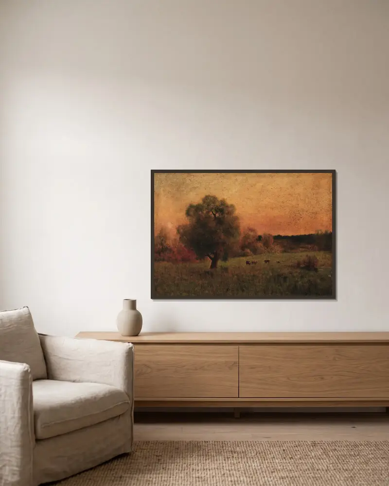 Kühe auf einer Wiese von George Inness gerahmt an einer Wand