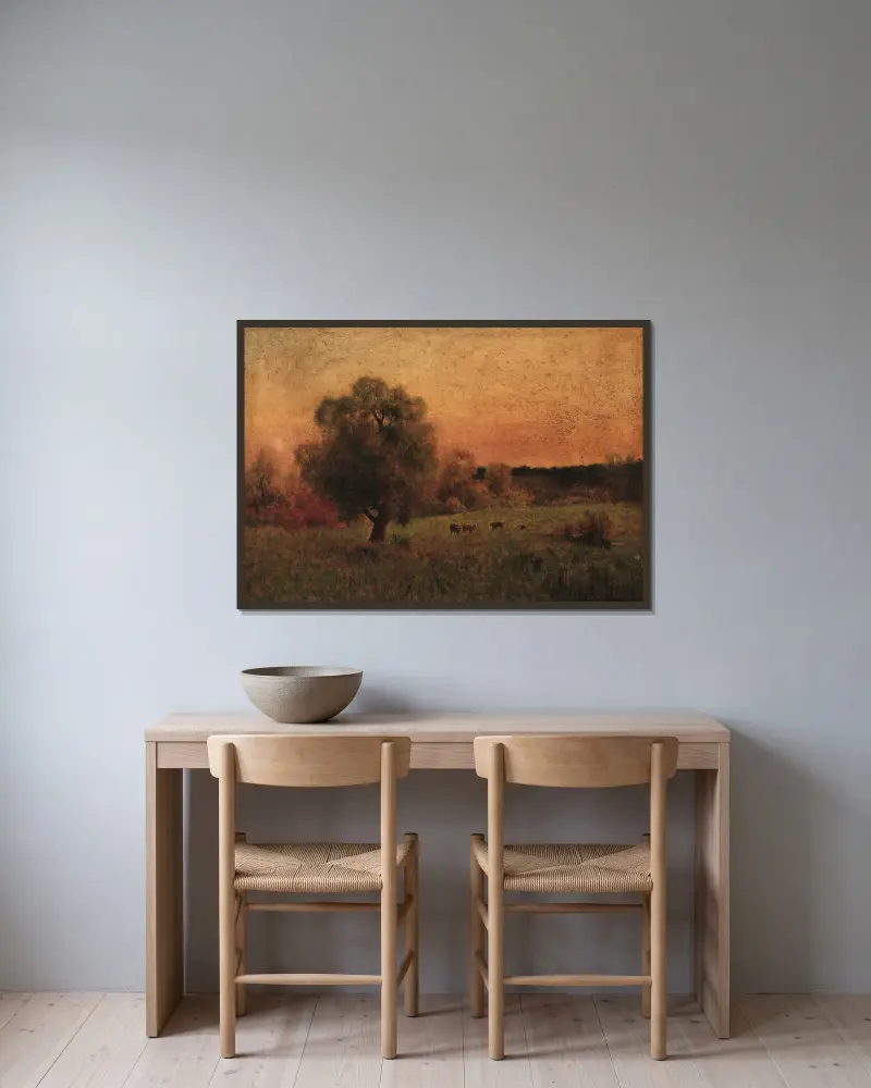 Kühe auf einer Wiese von George Inness gerahmt an einer Wand