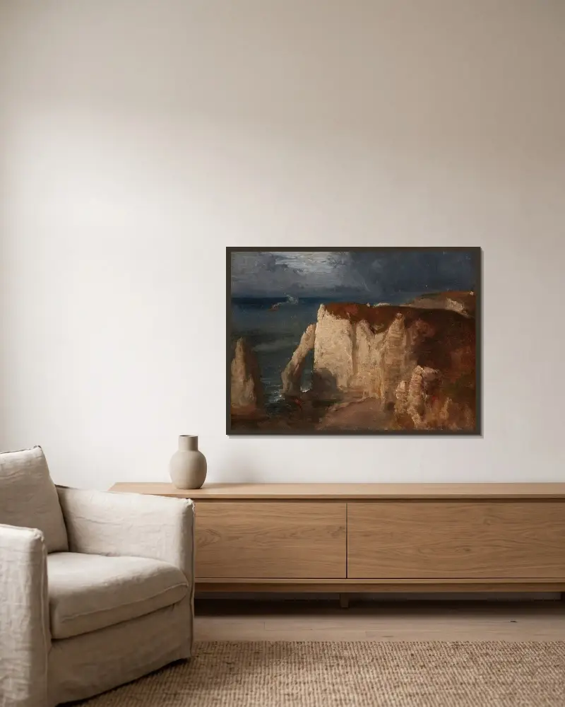 Étretat av George Inness inramad på en vägg