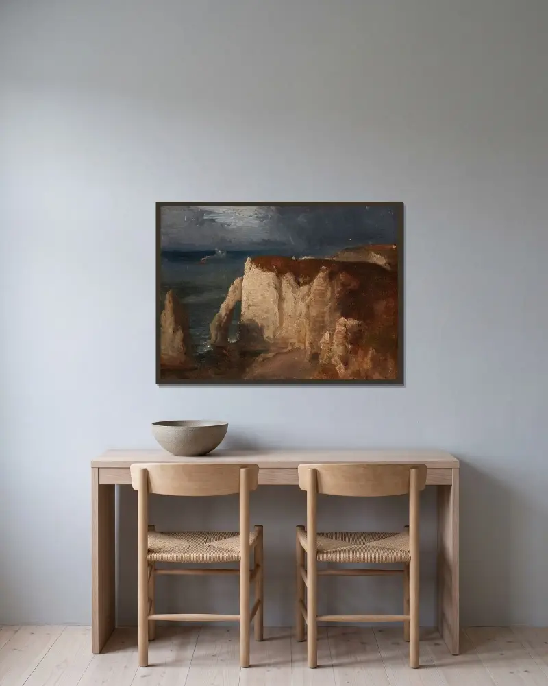 Étretat av George Inness inramad på en vägg