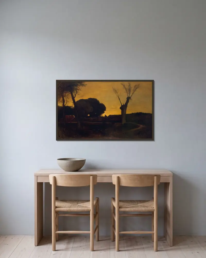Kväll vid Medfield, Massachusetts av George Inness inramad på en vägg