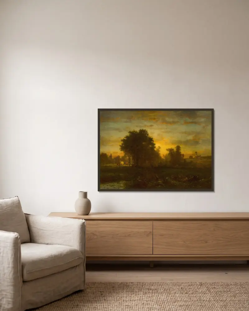 Gård vid solnedgång av George Inness inramad på en vägg