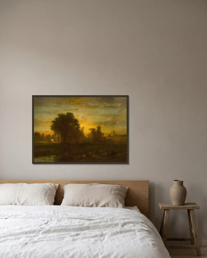 Gård vid solnedgång av George Inness inramad på en vägg