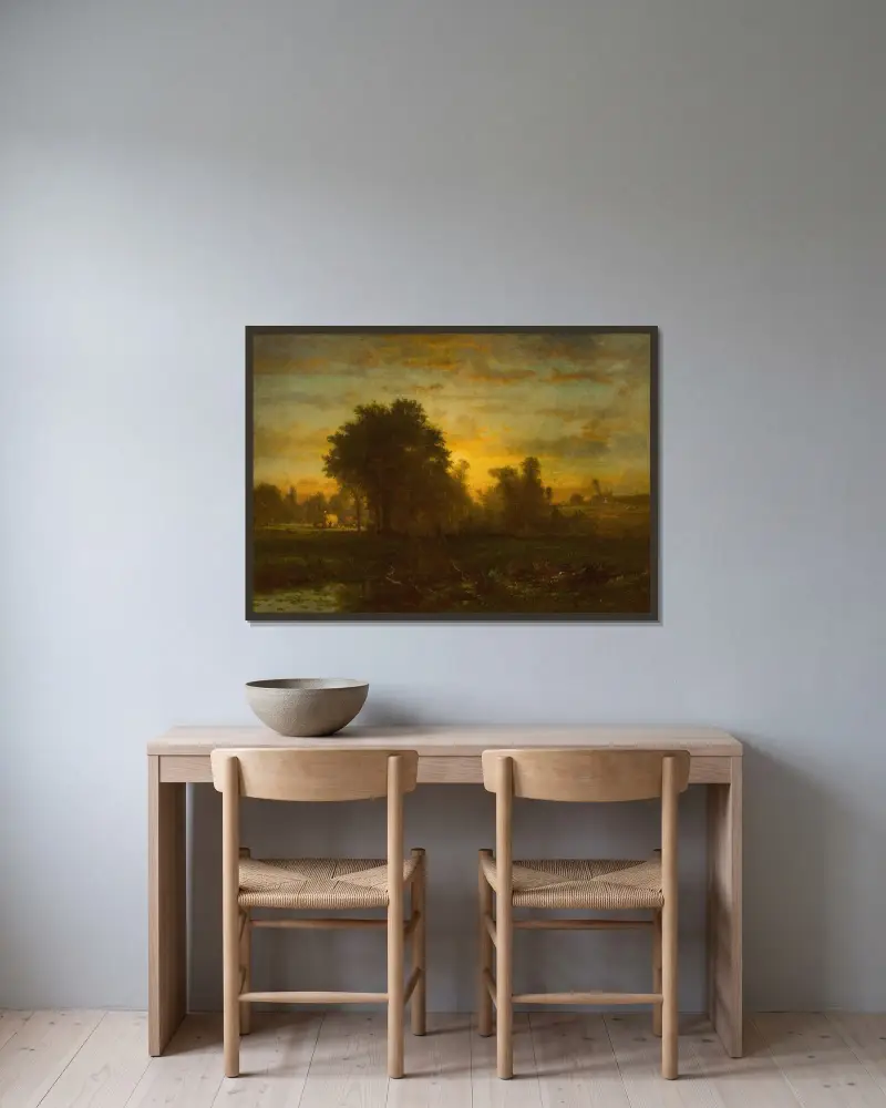 Gård vid solnedgång av George Inness inramad på en vägg