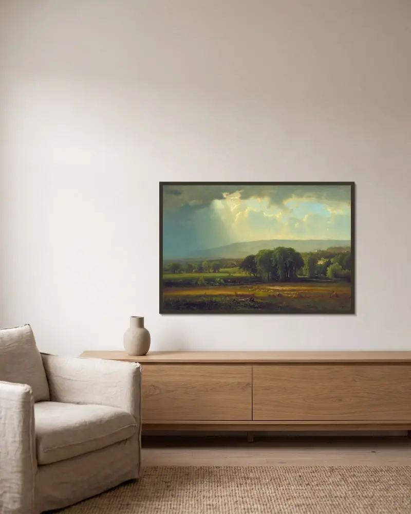 Skördescén i Delaware-dalen av George Inness inramad på en vägg