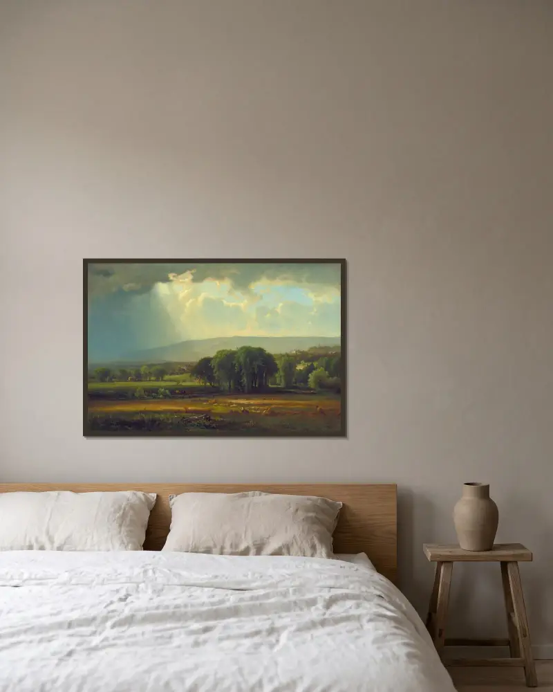 Skördescén i Delaware-dalen av George Inness inramad på en vägg