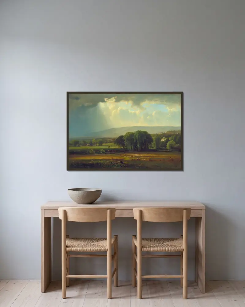 Skördescén i Delaware-dalen av George Inness inramad på en vägg