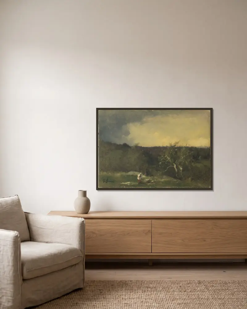 Landskap av George Inness inramad på en vägg