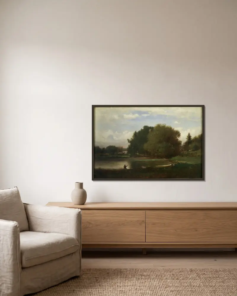 Landskap av George Inness inramad på en vägg
