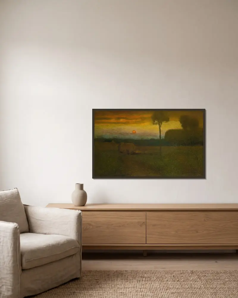 Landskap (Kvällslandskap) av George Inness inramad på en vägg
