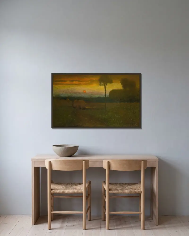Landskap (Kvällslandskap) av George Inness inramad på en vägg