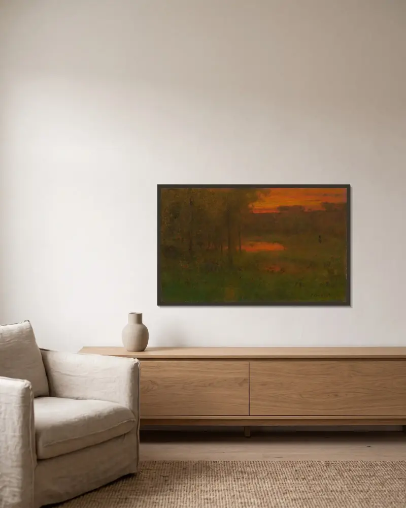 Landskap, solnedgång av George Inness inramad på en vägg