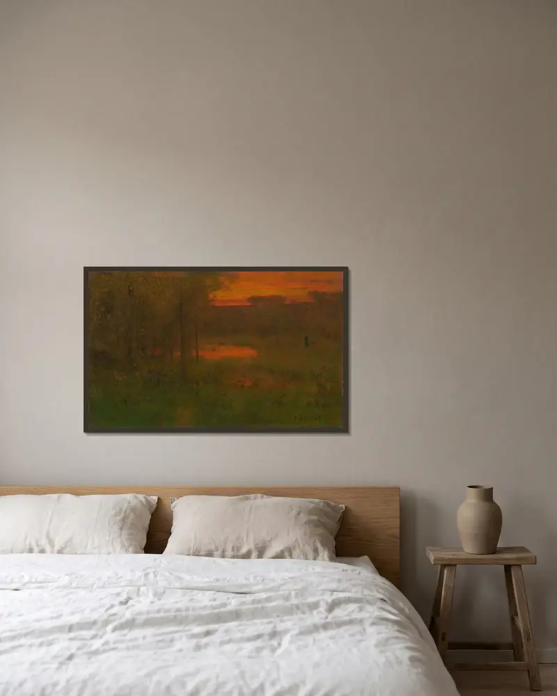 Landskap, solnedgång av George Inness inramad på en vägg