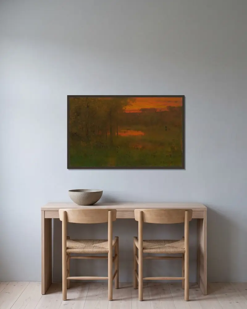 Landskap, solnedgång av George Inness inramad på en vägg