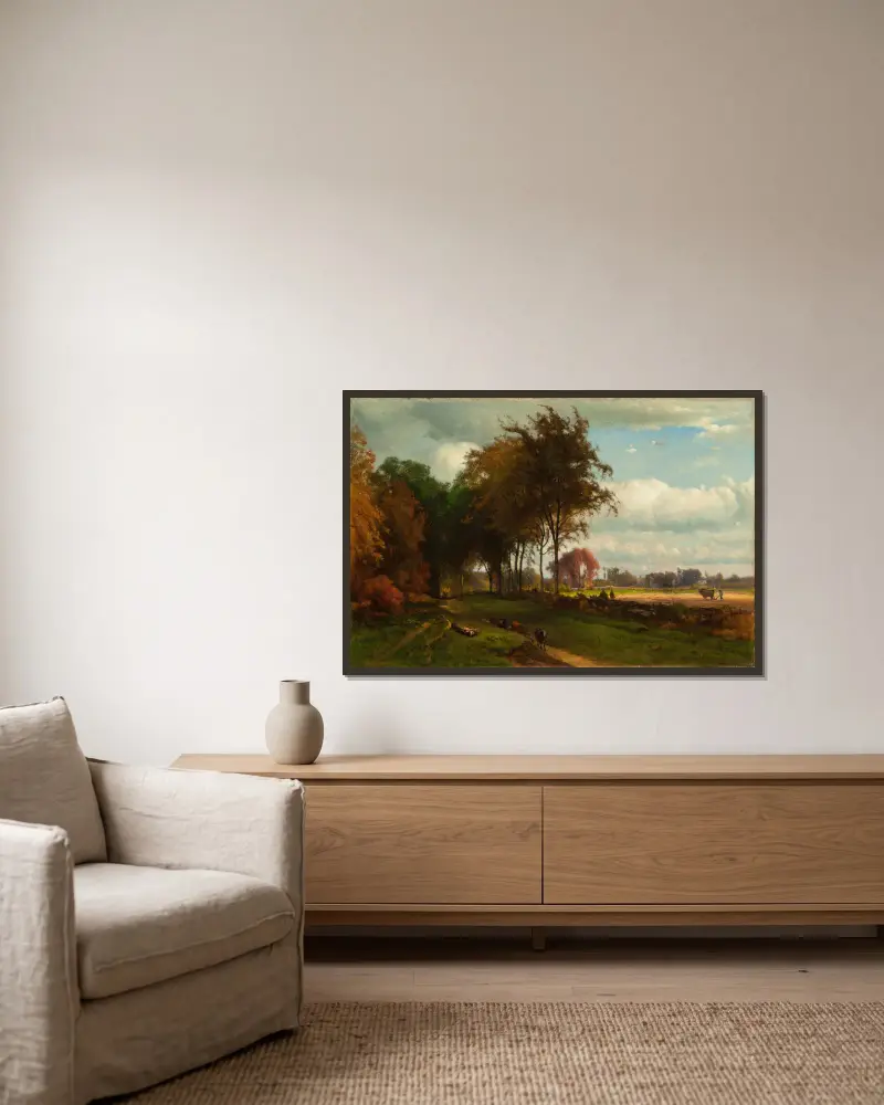 Landschaft mit Vieh von George Inness gerahmt an einer Wand