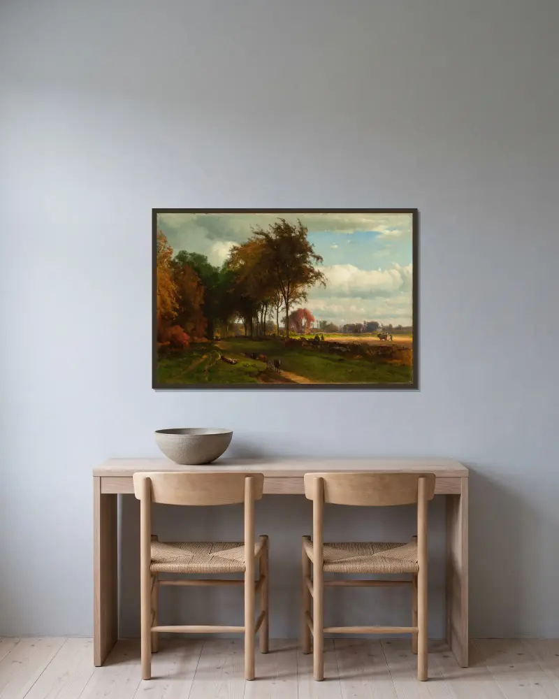 Landschaft mit Vieh von George Inness gerahmt an einer Wand
