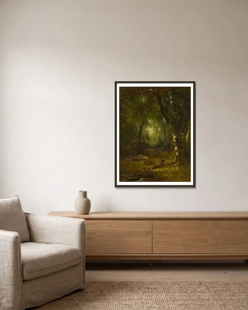 Landschaft mit Jäger von George Inness gerahmt an einer Wand