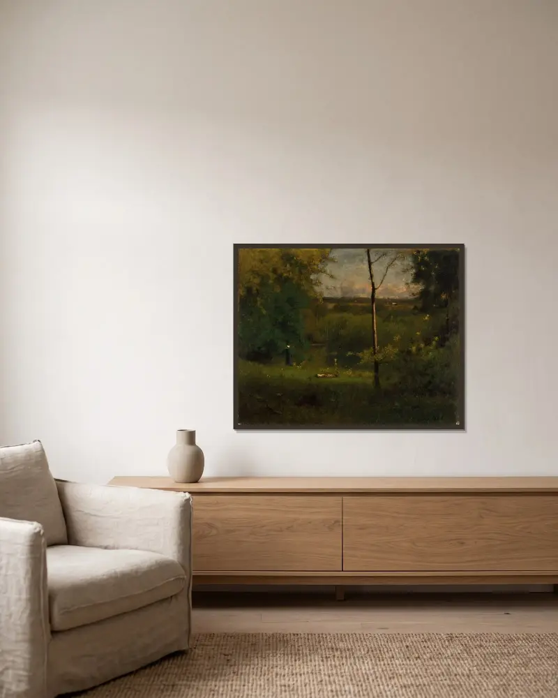 Utsikt över floden av George Inness inramad på en vägg