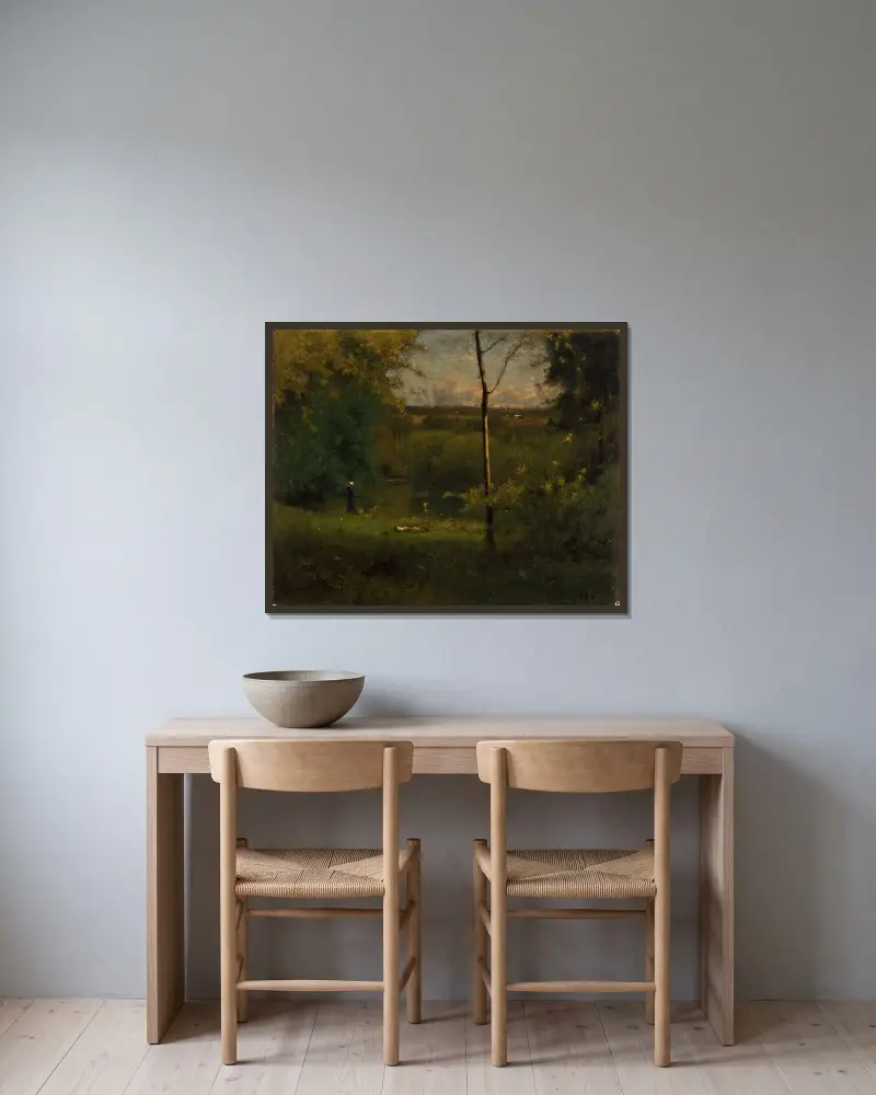 Utsikt över floden av George Inness inramad på en vägg