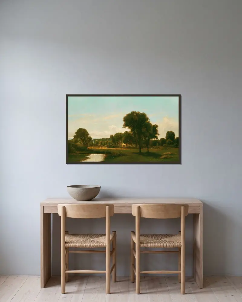 Medfield-landskap av George Inness inramad på en vägg