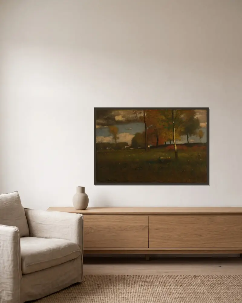 Nära byn, oktober av George Inness inramad på en vägg