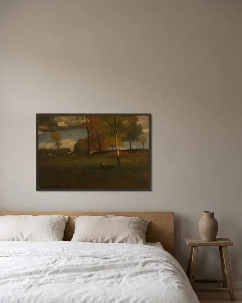 Nära byn, oktober av George Inness inramad på en vägg