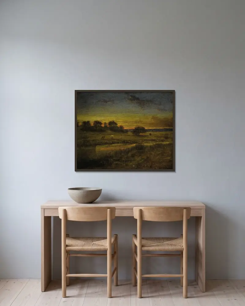 Betesmark i gryningen av George Inness inramad på en vägg