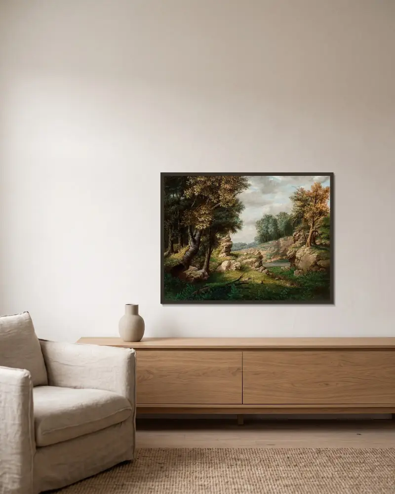 Klippig dal (nära byn) av George Inness inramad på en vägg