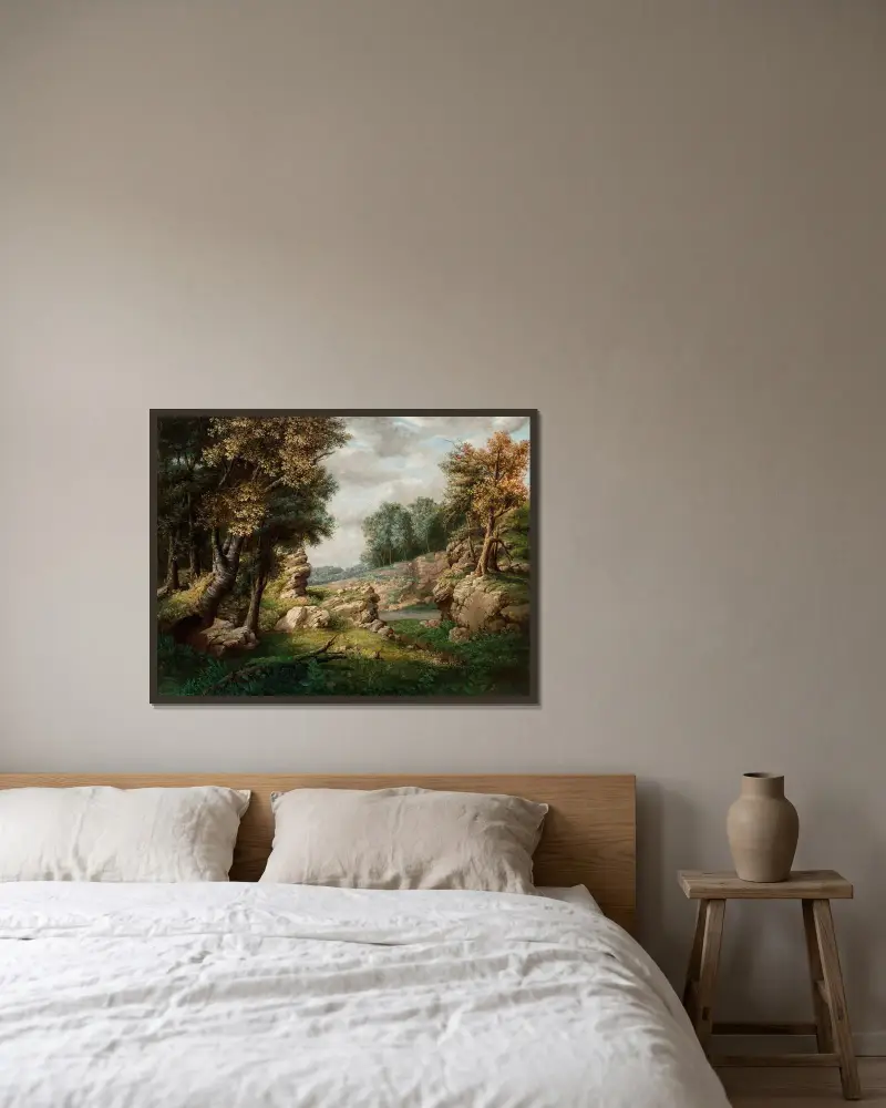 Klippig dal (nära byn) av George Inness inramad på en vägg