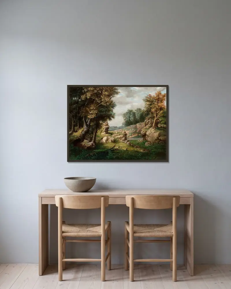 Klippig dal (nära byn) av George Inness inramad på en vägg