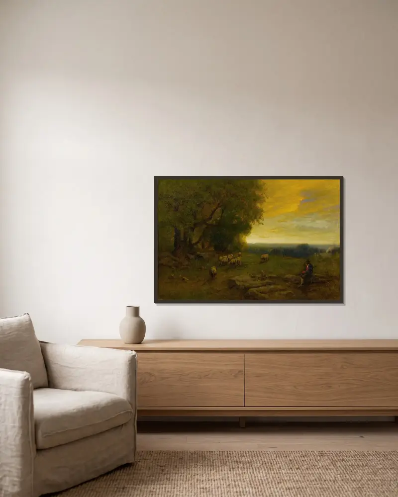 Herde och flock vid solnedgång av George Inness inramad på en vägg