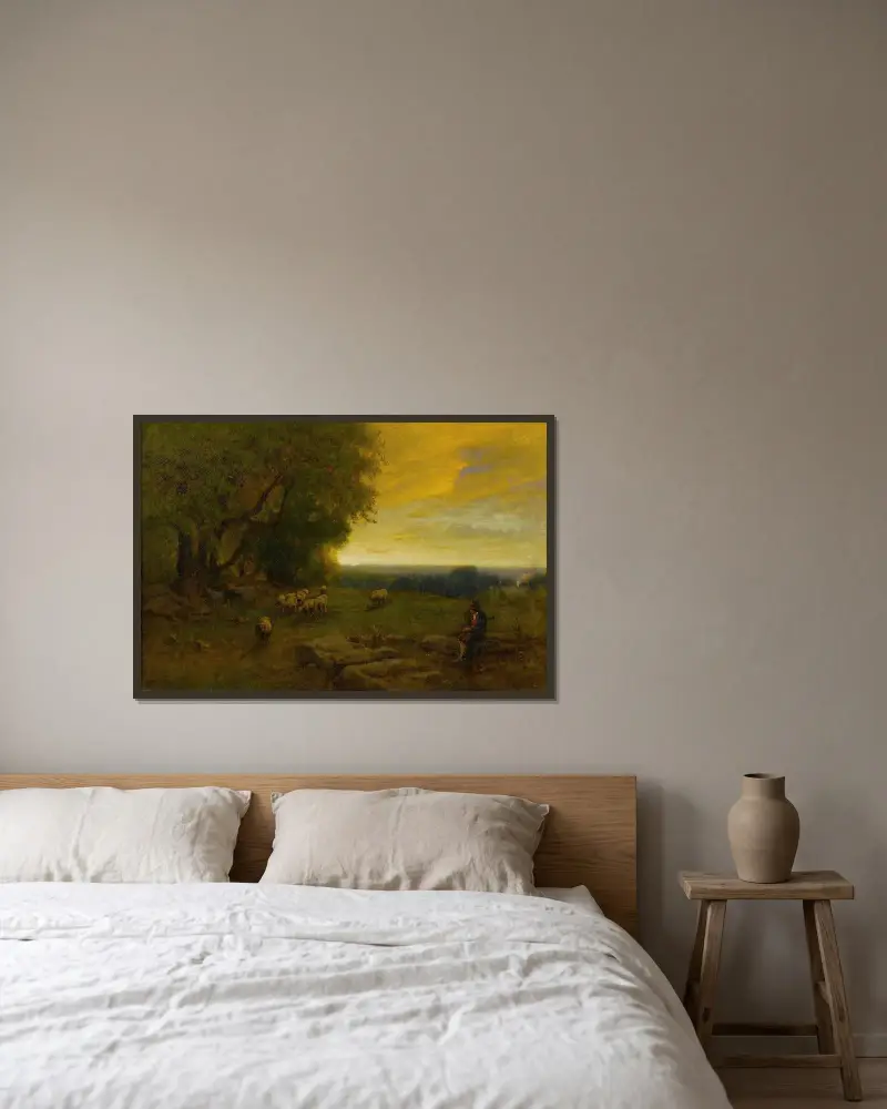 Herde och flock vid solnedgång av George Inness inramad på en vägg