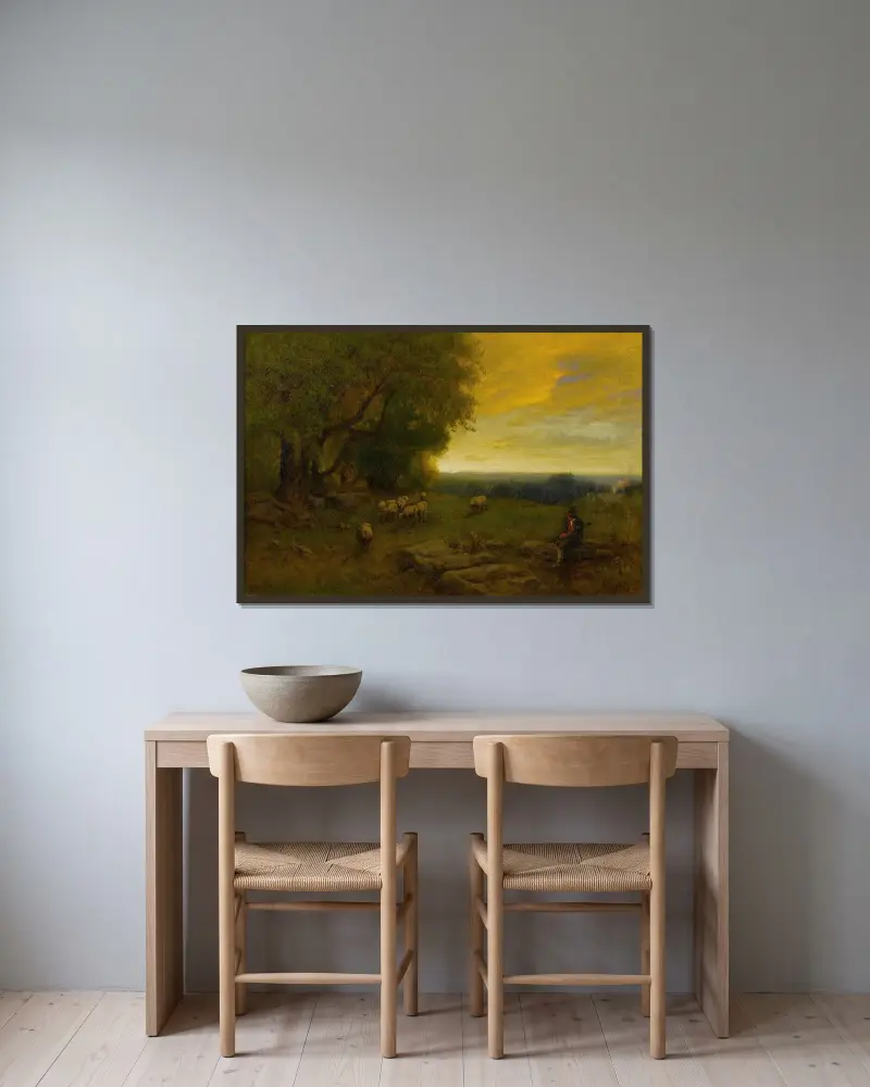 Herde och flock vid solnedgång av George Inness inramad på en vägg
