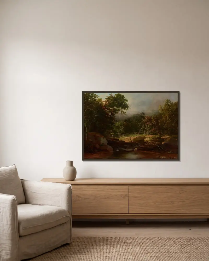 Ström i bergen av George Inness inramad på en vägg