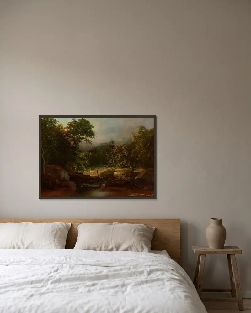 Ström i bergen av George Inness inramad på en vägg