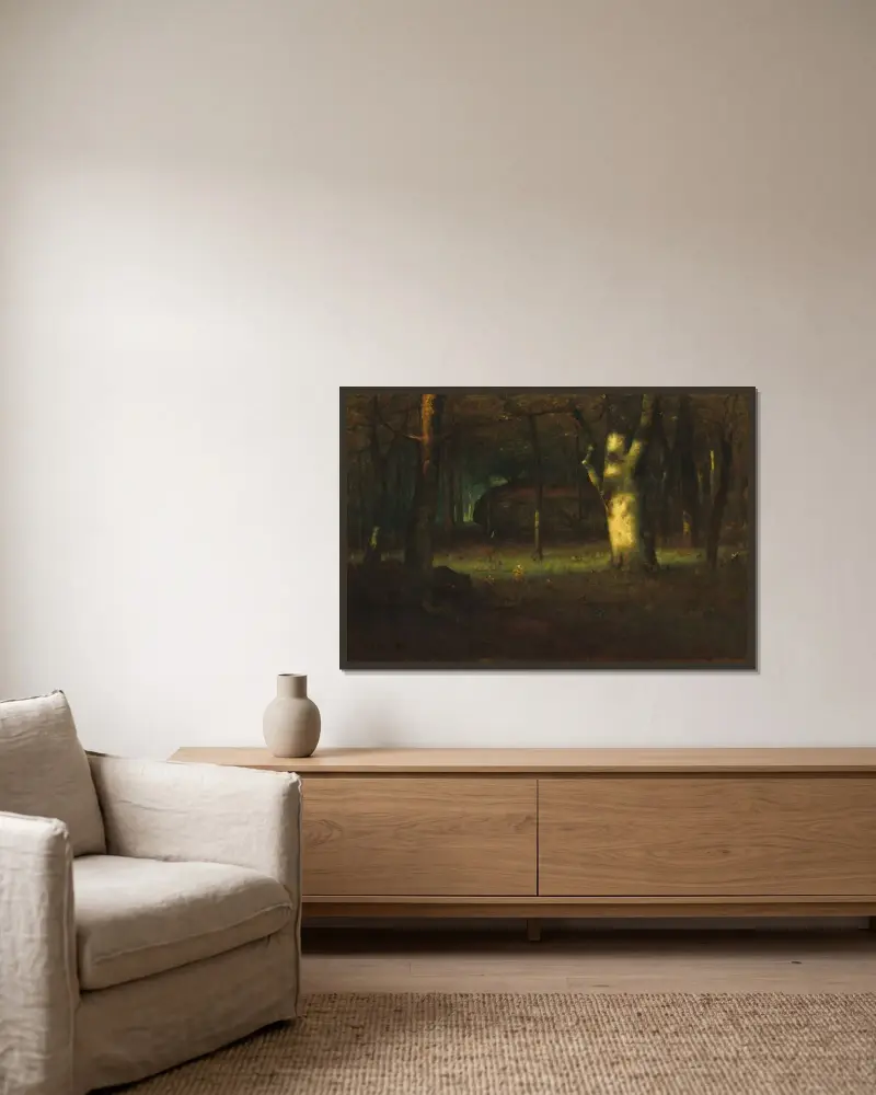 Solnedgång i skogen av George Inness inramad på en vägg
