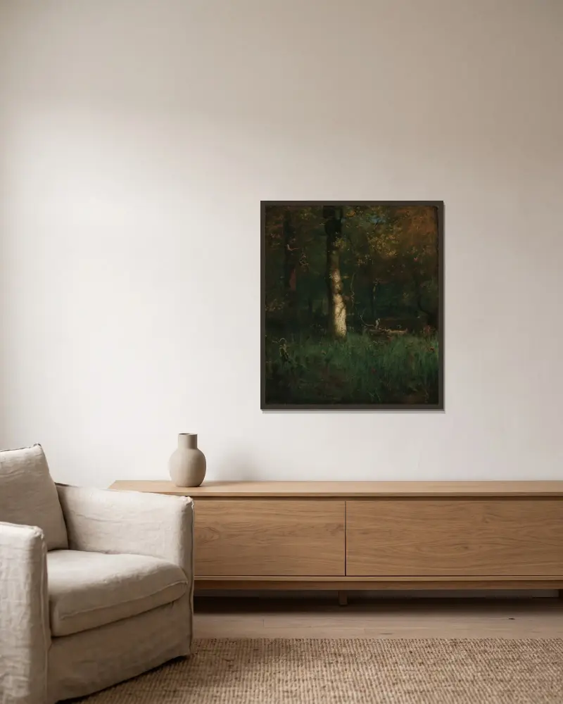 Hägrarnas hem av George Inness inramad på en vägg