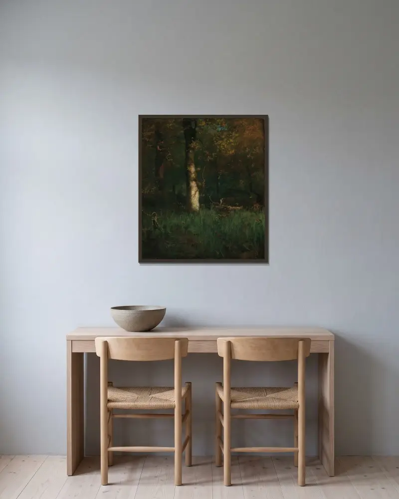 Hägrarnas hem av George Inness inramad på en vägg