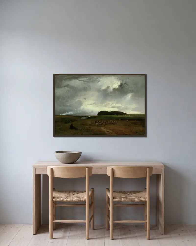 Stormen av George Inness inramad på en vägg