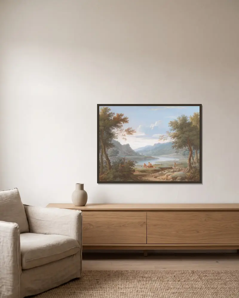 Arkadische Landschaft von George Lambert gerahmt an einer Wand