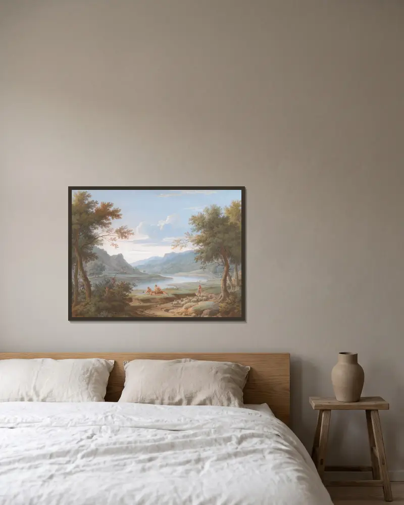 Arkadische Landschaft von George Lambert gerahmt an einer Wand