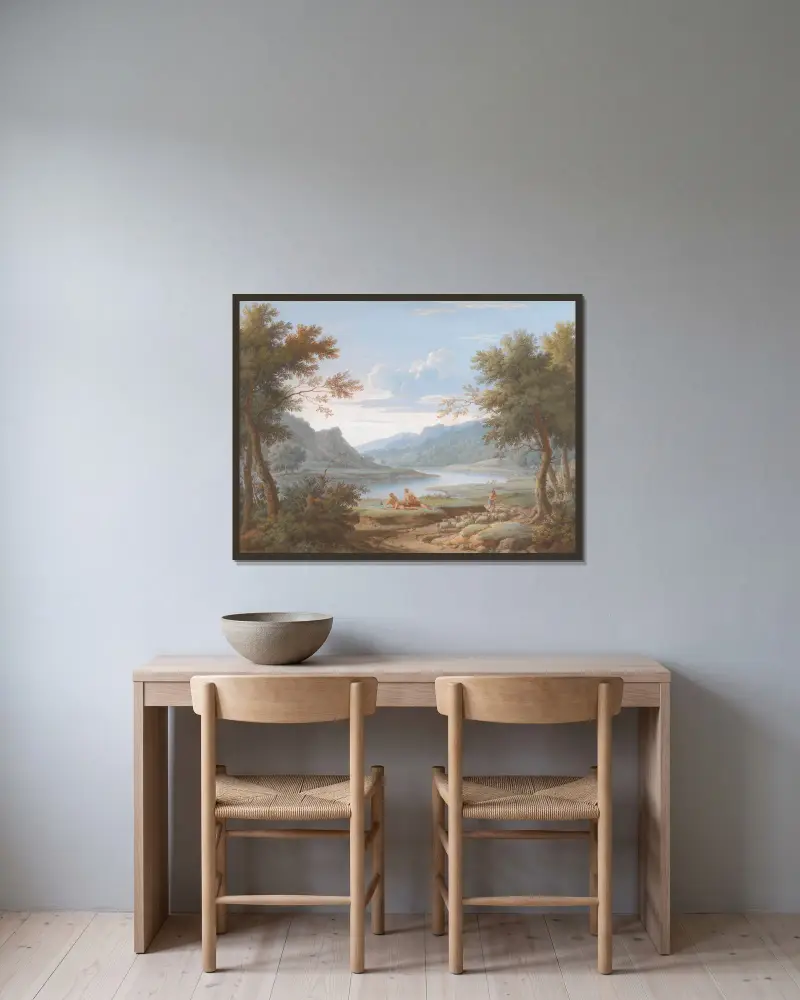 Arkadische Landschaft von George Lambert gerahmt an einer Wand